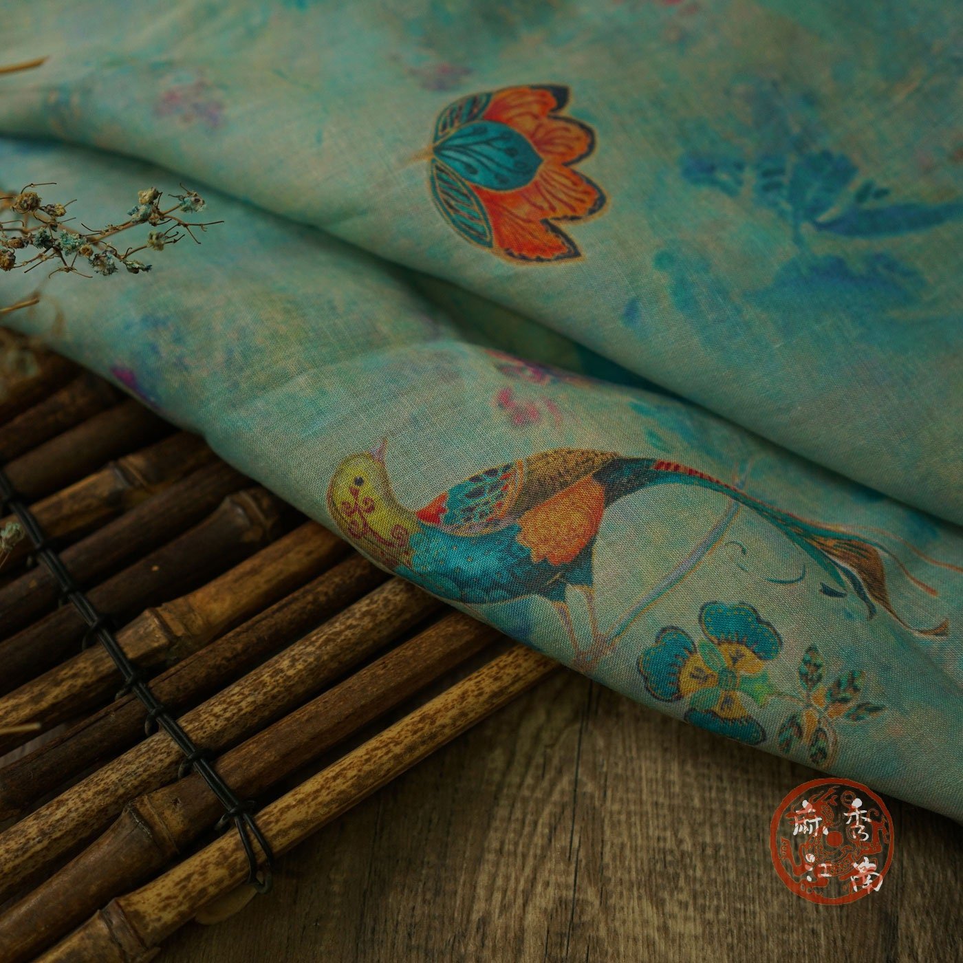 Teal Ramie Fabric: Floral Bird Print, Cheongsam Qipao Material, 55" Wide - Poppylollipop