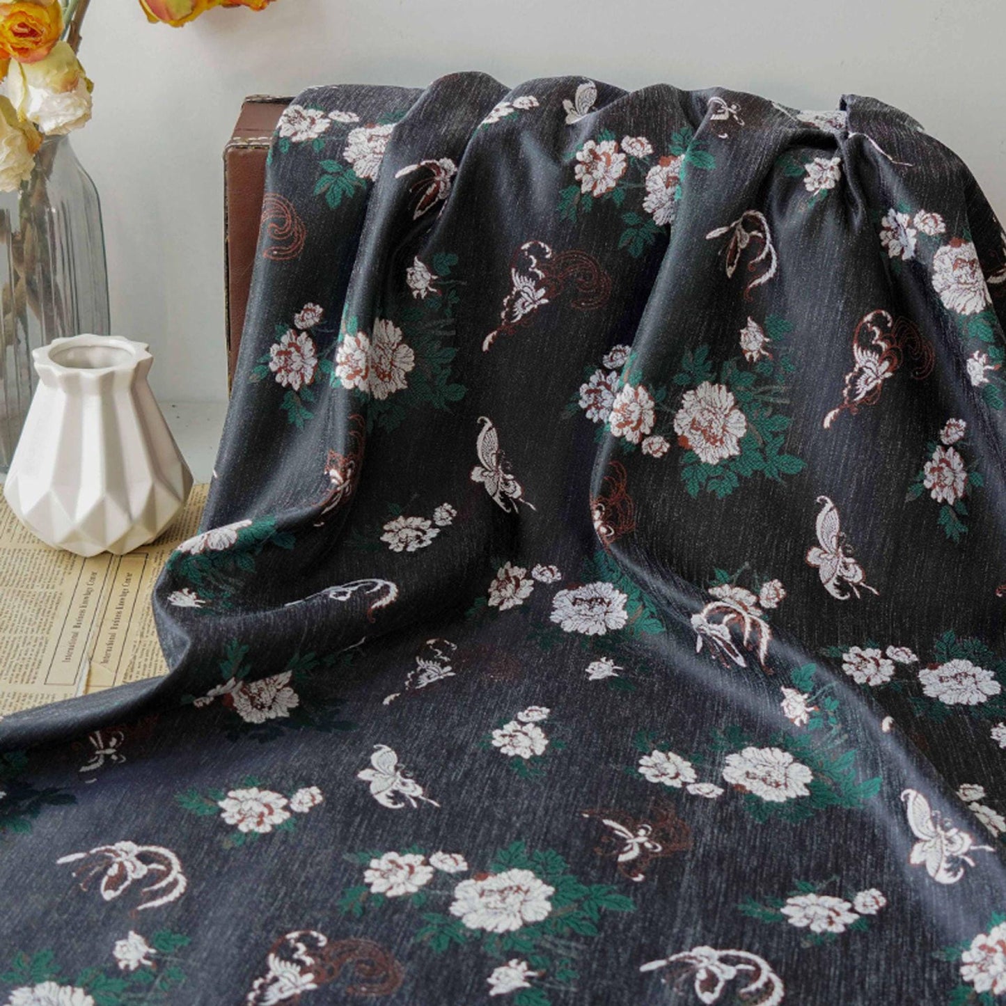 Floral Jacquard Chenille Fabric: 59"W Upholstery Sewing Material