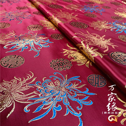 Tissu brocart de soie chrysanthème : damas jacquard bleu (29,5 po L)