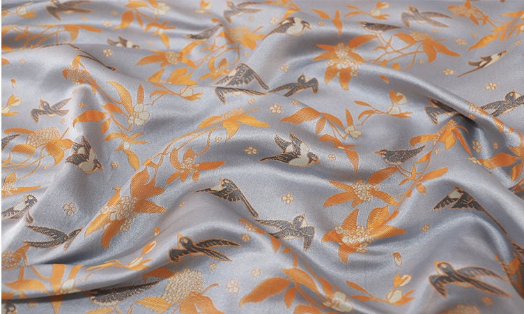 Song Brocade Fabric: 59"W Silk Rayon Damask with Bird Design