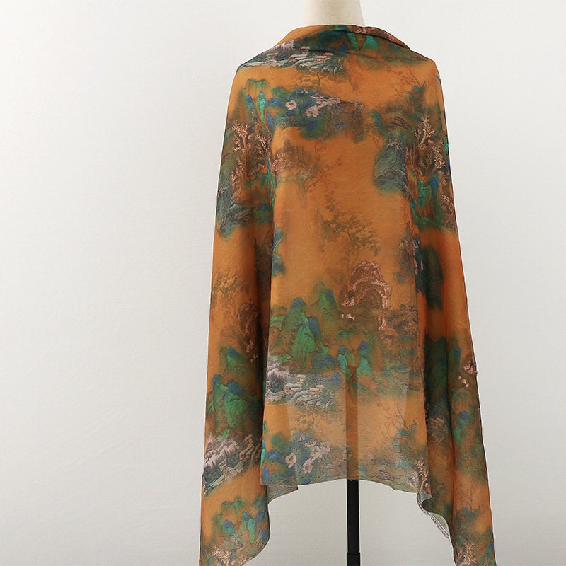 Tissu Tencel Ramie : Motif peinture de montagne, matériau pour la confection de robes