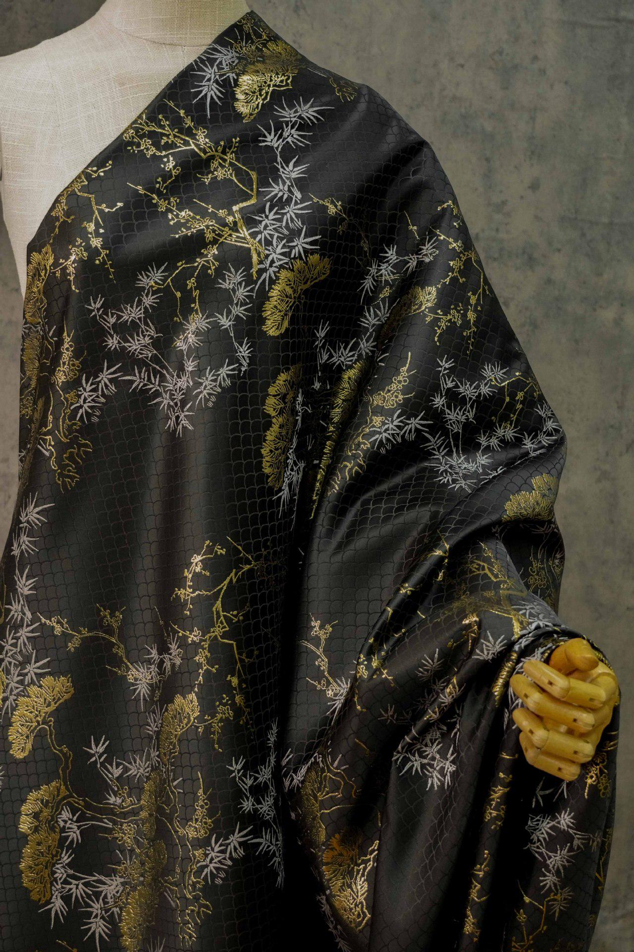 Japanese Kirin Nishijin Brocade Fabric: Black Upholstery, Costume, Decor (65" Wide)