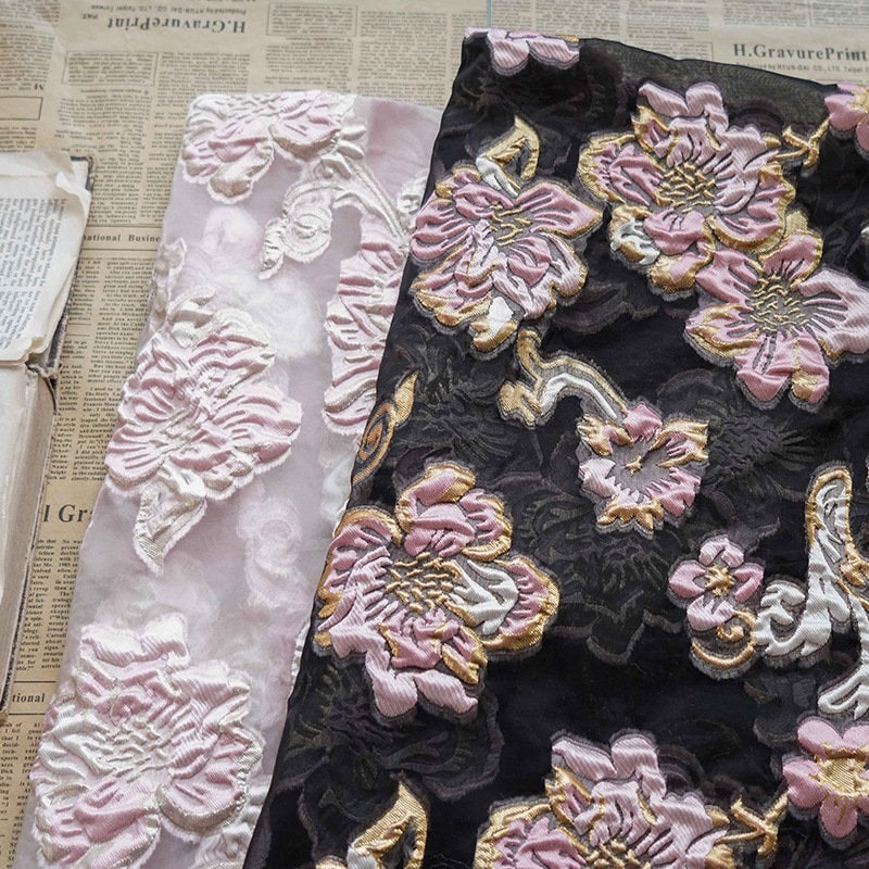 Gold Thread Floral Jacquard Fabric: 3D Oil Painting Texture, 55" Wide