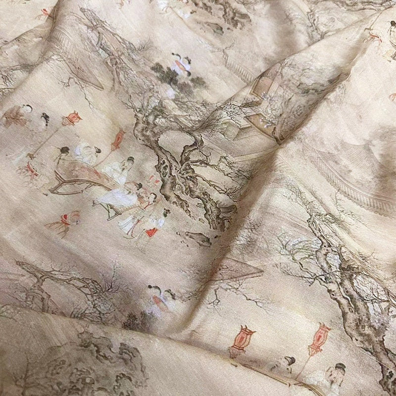 Tencel Ramie Fabric: Ancient Ladies Print, Sewing Material by Meter