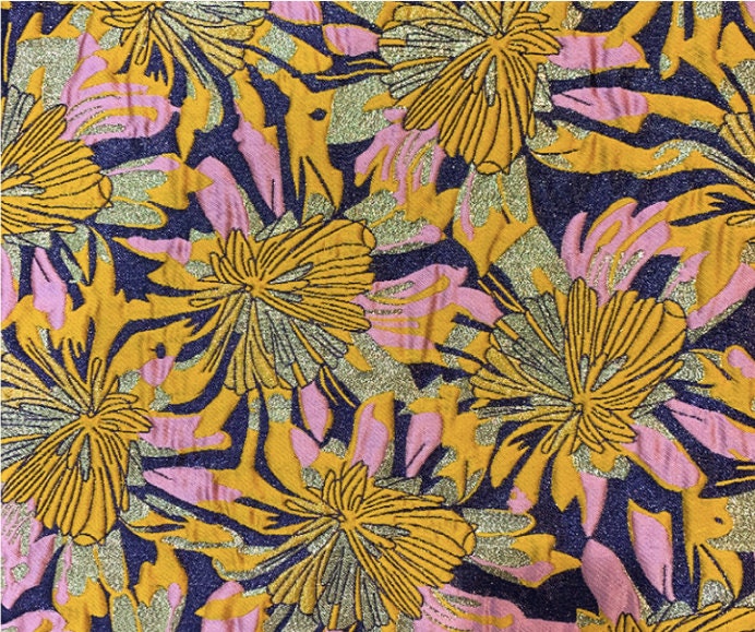 Gold Thread Jacquard Fabric: Vintage Floral African Style, 55" Wide