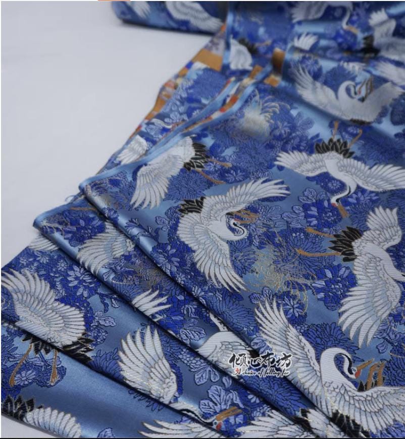 Crane Jacquard Satin Fabric: Japanese Brocade, Silver Grey, 29.5"W