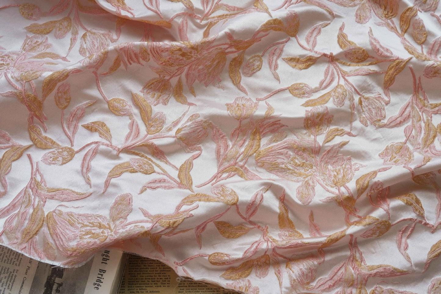 Gold Thread Jacquard Fabric: 3D Embossed Floral Woven Upholstery - 62"W