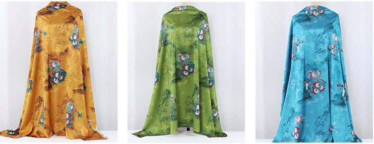 Peach Teal Tea Silk Satin Fabric: Floral Print, 59" Wide
