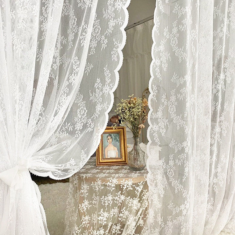 French Lace Curtain Fabric: Rose Wavy Yarn, 110" Height