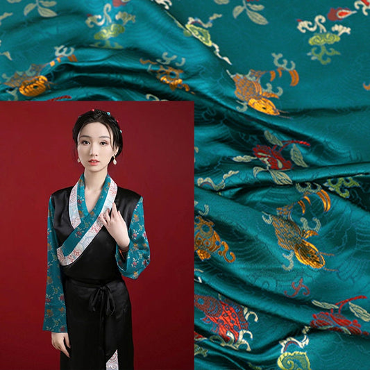 Tissu brocart bleu sarcelle : robe jacquard mongole chinoise en rayonne, 75 cm de large