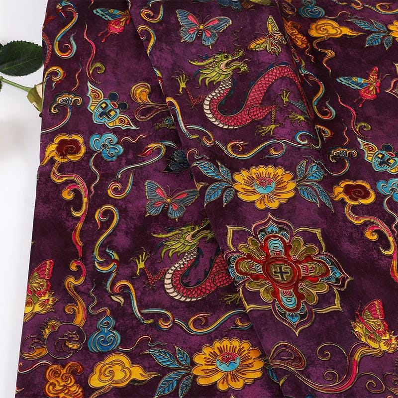 Floral Dragon Print Rayon Fabric - Gambiered Canton Gauze 59"