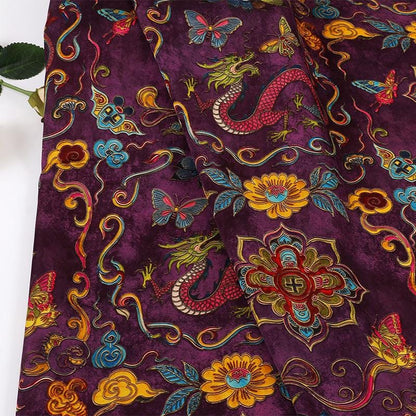 Floral Dragon Print Rayon Fabric - Gambiered Canton Gauze 59"