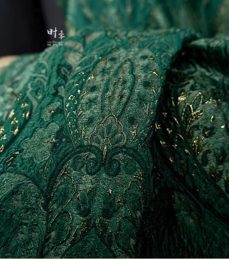 Green Embossed Jacquard Polyester Fabric: 55''W Designer Fabric