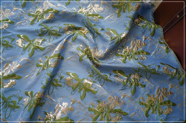 Blue Dandelion Jacquard Fabric: Gold Shimmering Embossed Woven, 57"W - By The Meter