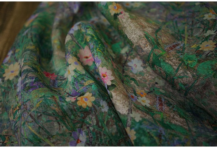 Tissu ramie nénuphar : imprimé floral léger, 140 cm de large