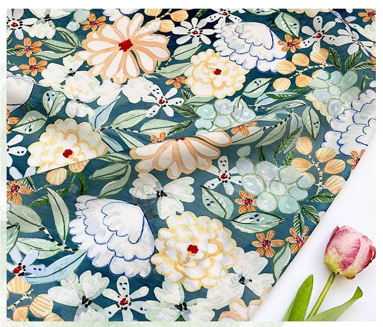 Tissu en coton imprimé numérique à motif floral des profondeurs marines ���� Quilting, confection de vêtements, couture, matériel de loisirs créatifs"Large