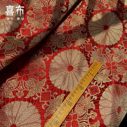 Lotus Brocade Fabric: 29.5"W Red & Gold Rayon Upholstery