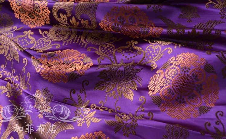 Floral Brocade Fabric: Chinese Fu Shou Style, 35" Wide, Costume Sewing