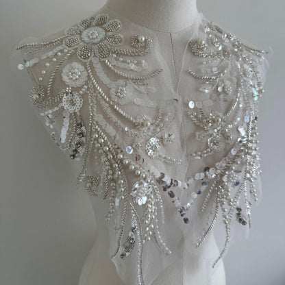 Embroidered Lace Trim: Beaded Sequin Applique - Bridal Wedding Dress (By Pair)