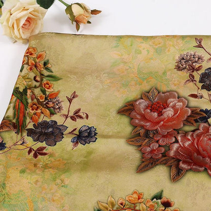 Peony Floral Rayon Silk Fabric: Chinese Print Dressmaking Material, 59" Wide