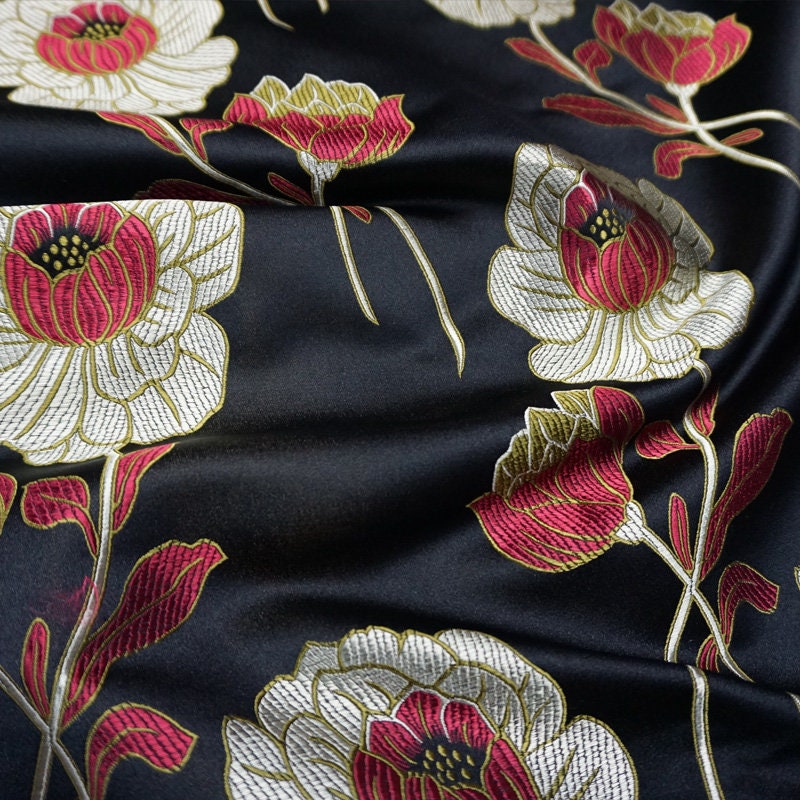Lotus Brocade Fabric: Red Silk Blend Tibetan Textile (29"W)