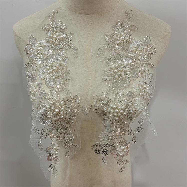 Embroidered Sequin Lace Trim: Light Ivory Bridal Wedding Veil Fabric - By The Yard