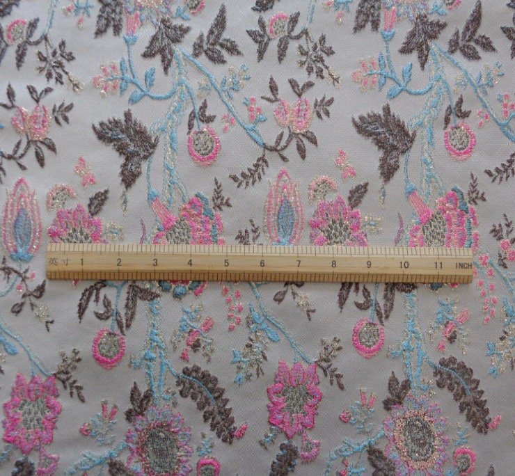 Pink & Blue Celosia Flower Gold Jacquard Fabric: 57" Wide - Poppylollipop
