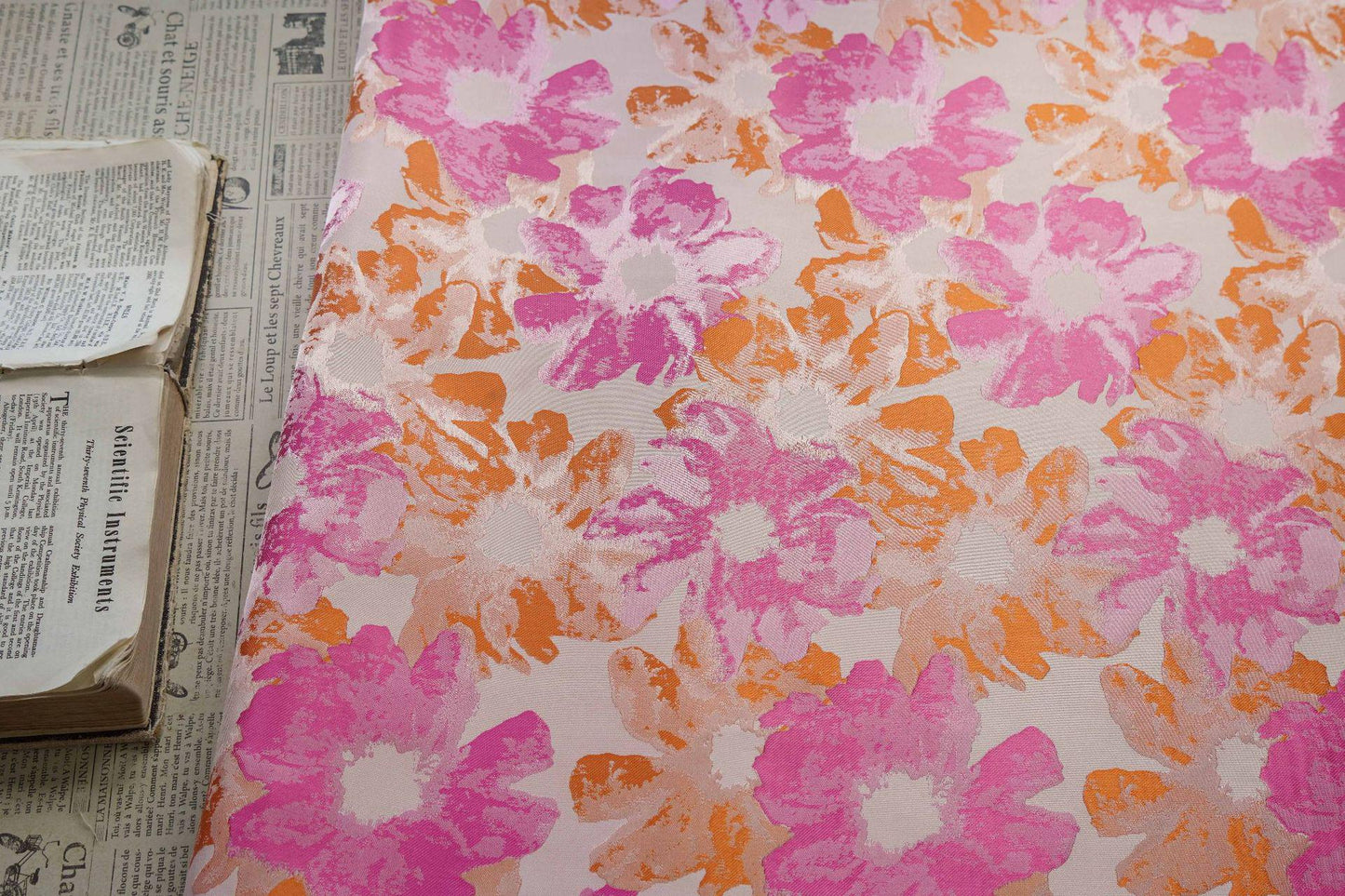 Floral Jacquard Brocade Fabric: Orange Pink Flower Pattern, 65" Wide