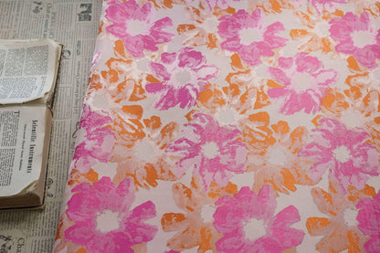 Floral Jacquard Brocade Fabric: Orange Pink Flower Pattern, 65" Wide