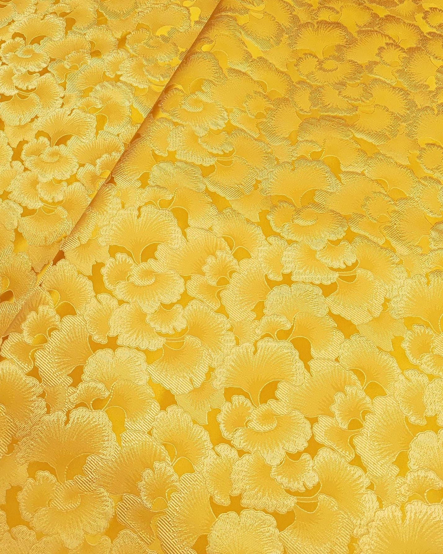 Ginkgo Biloba Brocade Damask Fabric: Gold Woven Rayon, 45" Wide