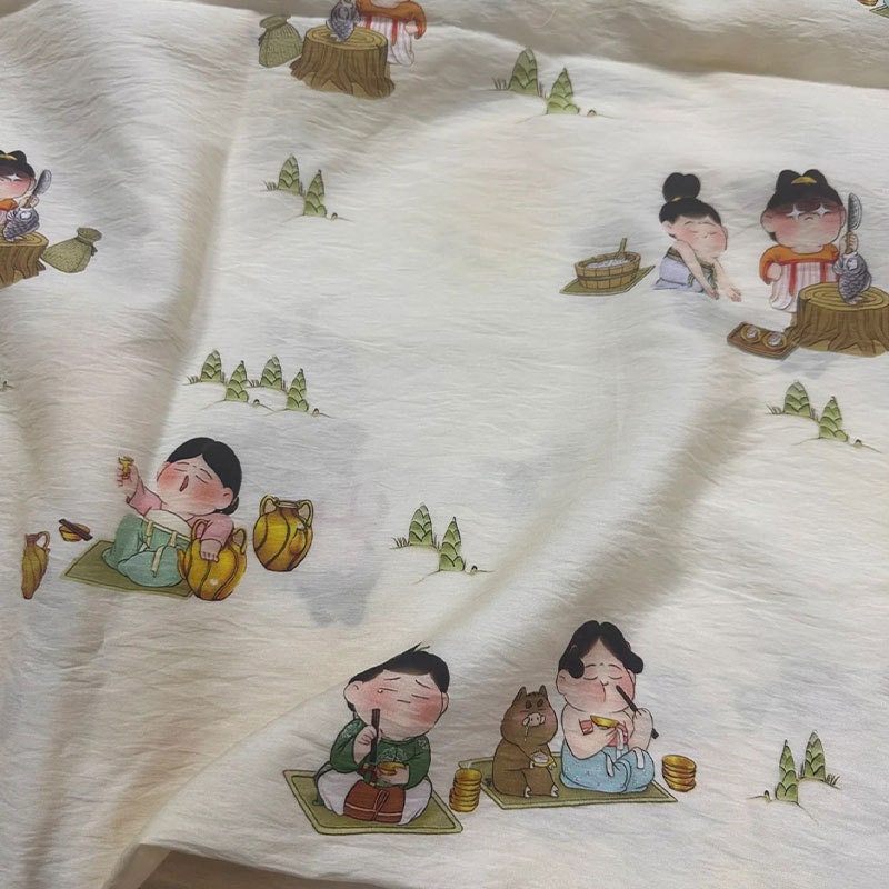 Tissu Tencel Ramie : Imprimé Dame de la dynastie Tang, Couture et Ameublement - Au mètre