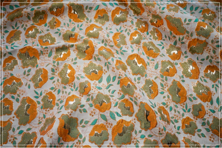 Orange 3D Flower Jacquard Fabric: Upholstery, Costume, Decor - 59"W