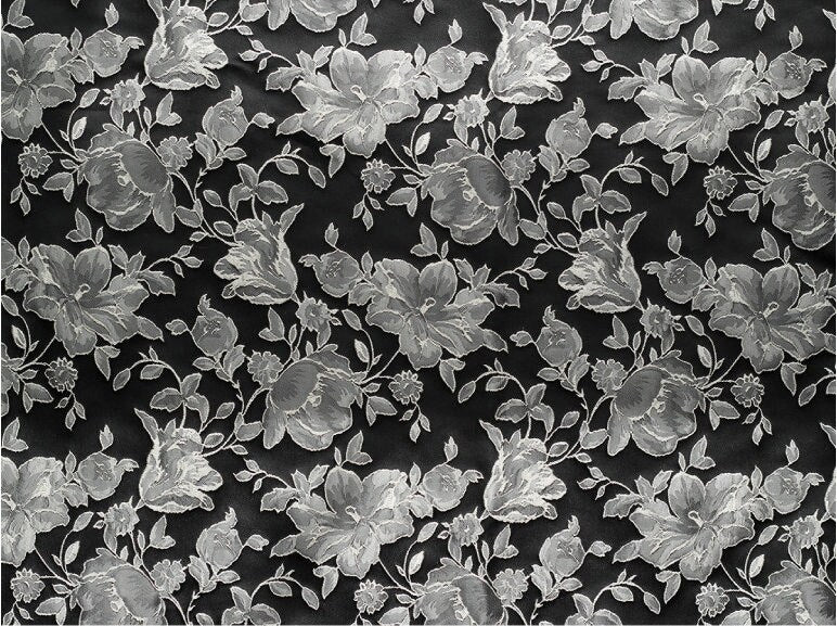 Black & White Floral Jacquard Fabric: Embossed 3D Design, 52" Wide