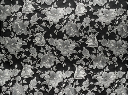 Black & White Floral Jacquard Fabric: Embossed 3D Design, 52" Wide