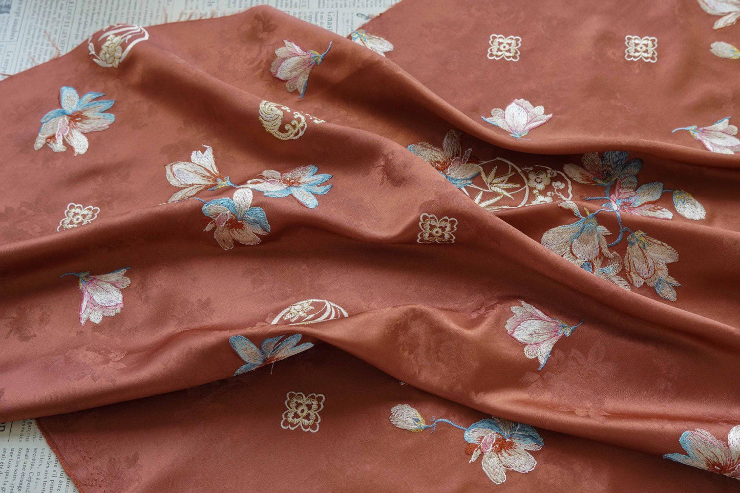 Silk Brocade Fabric: 59"W Peony Pattern for Cheongsam, Robes, Upholstery