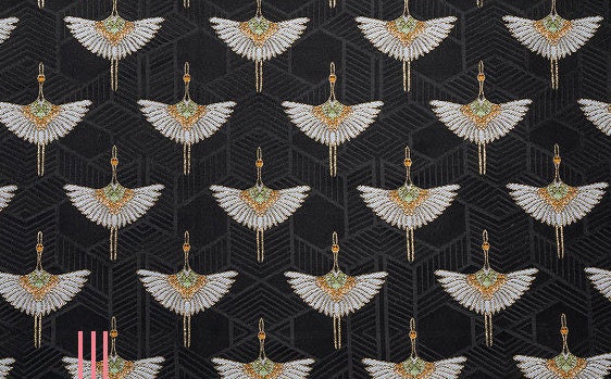 Tissu brocart japonais Nishijin : soie jacquard à motif de grues noires, 150 cm de large