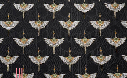 Tissu brocart japonais Nishijin : soie jacquard à motif de grues noires, 150 cm de large