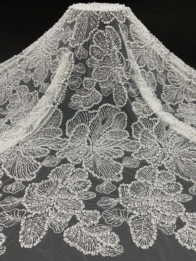 Luxury Pearl Sequin Embroidered Fabric ��� Bridal Wedding Dress, Evening Gown & Couture Fashion Textile, Wedding dress fabr"Wide