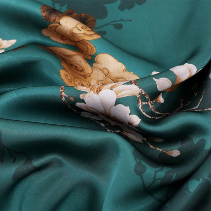 Teal Lotus Tea Silk Satin Fabric: Digital Print Sewing Material (59"W)