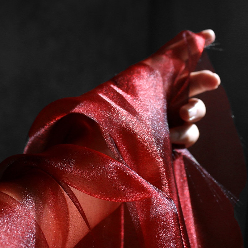 Red Glitter Organza Fabric: Sheer Crystal Yarn, 57" Wide, Wedding Dress Lace