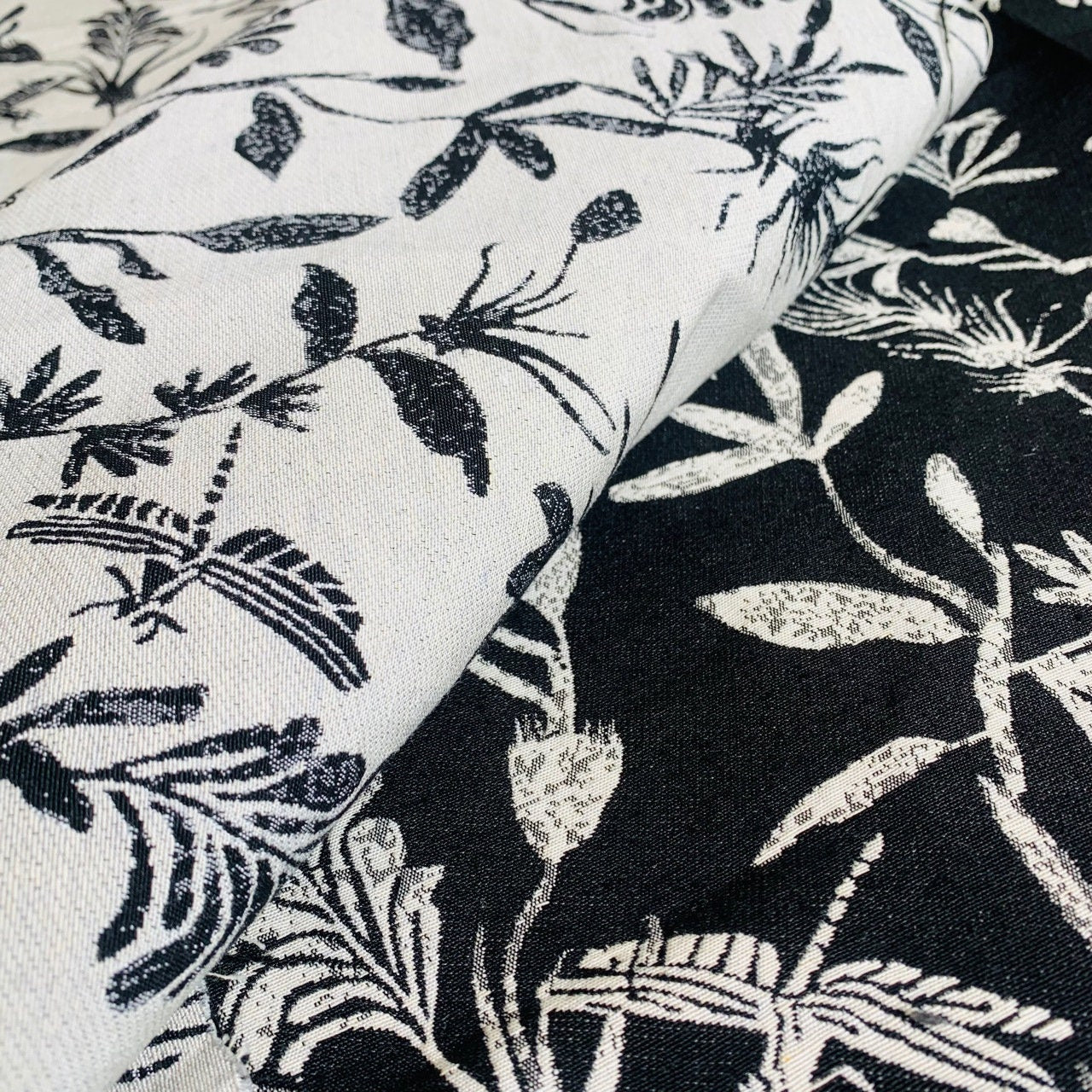 Black & White Lurex Jacquard Fabric: 3D Embossed Plant Pattern, 58" Wide