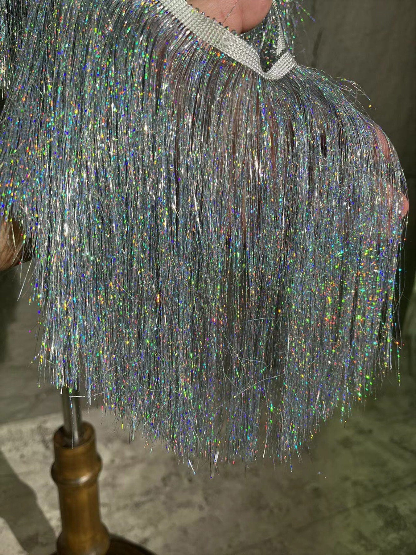 Tissu à franges argentées pour la danse : franges en polyester de 20 cm, décoration à faire soi-même