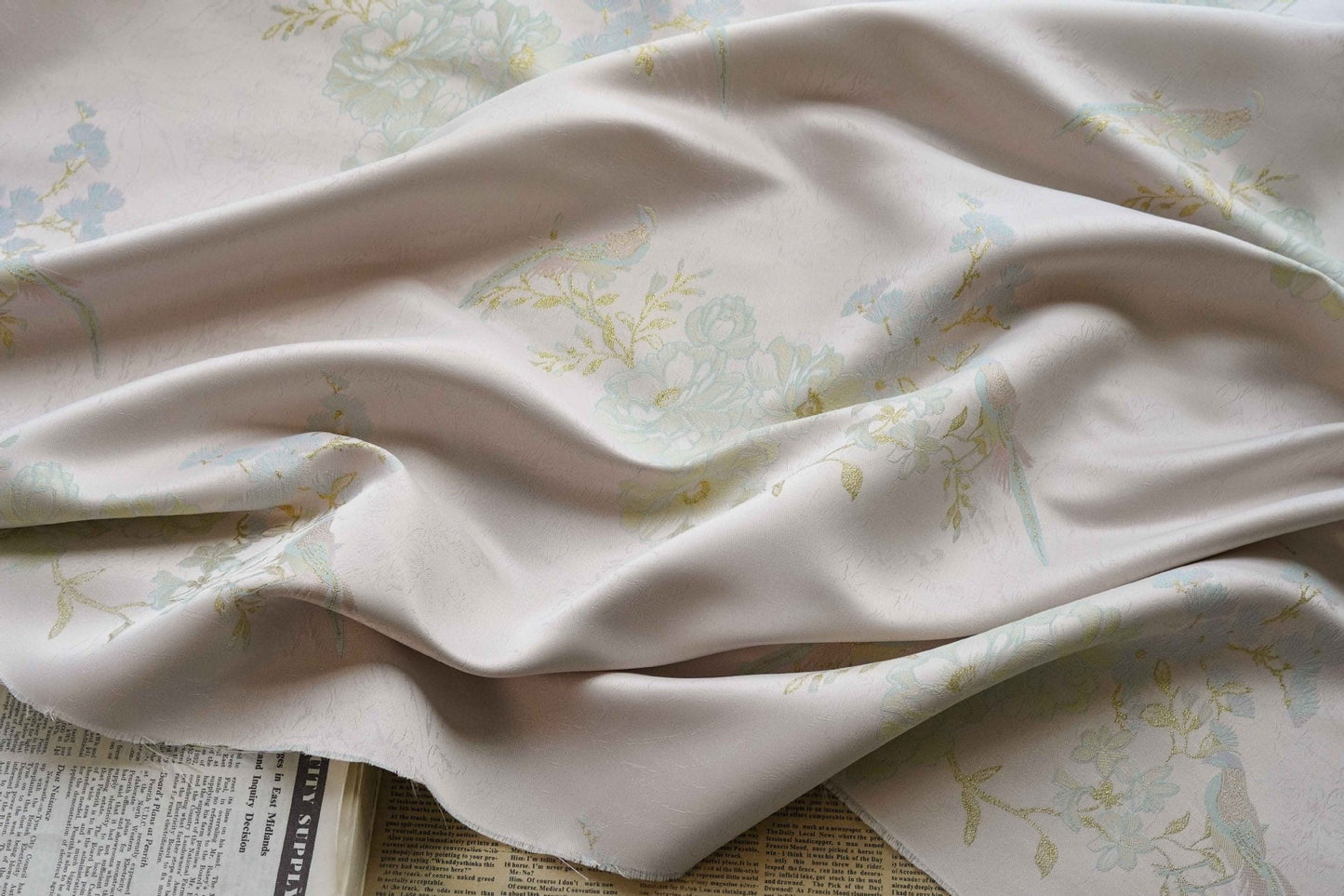 Gold Bird Flower Jacquard Damask Fabric: Rayon Blend Sewing Material