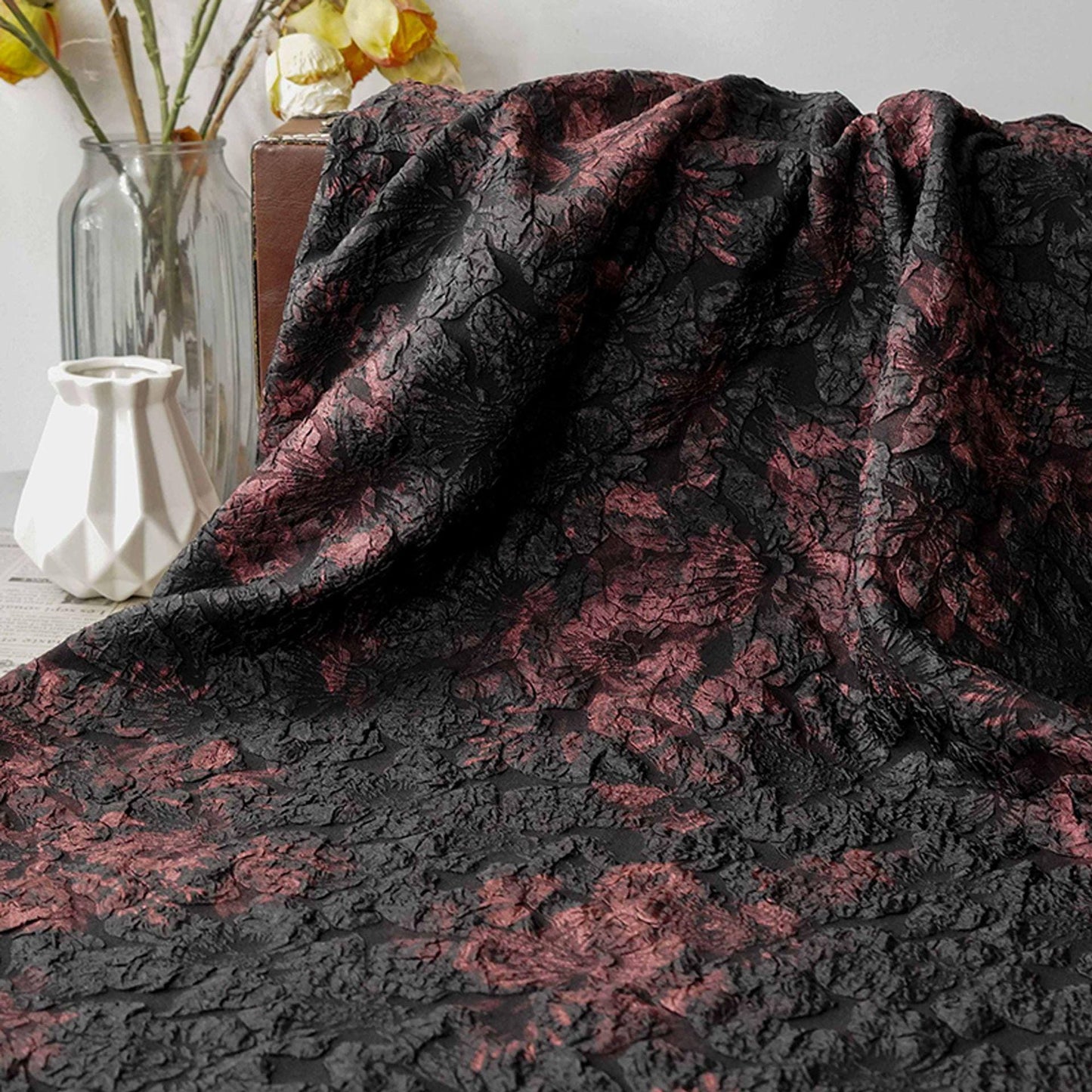 Embossed Gold Floral Jacquard Fabric | Luxury Home Decor, 59" Wide