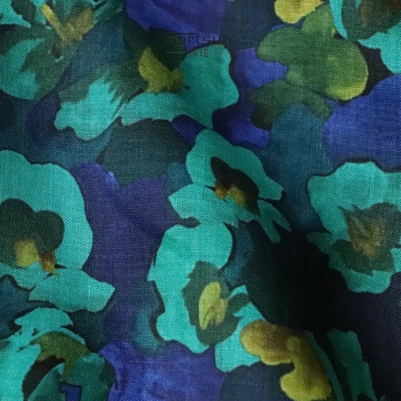 Floral Ramie Fabric: Blue Purple Oil Painting Print, 57" Wide