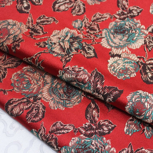 Tissu brocart à fleurs de pivoine rouge : tissu de mariage en soie chinoise