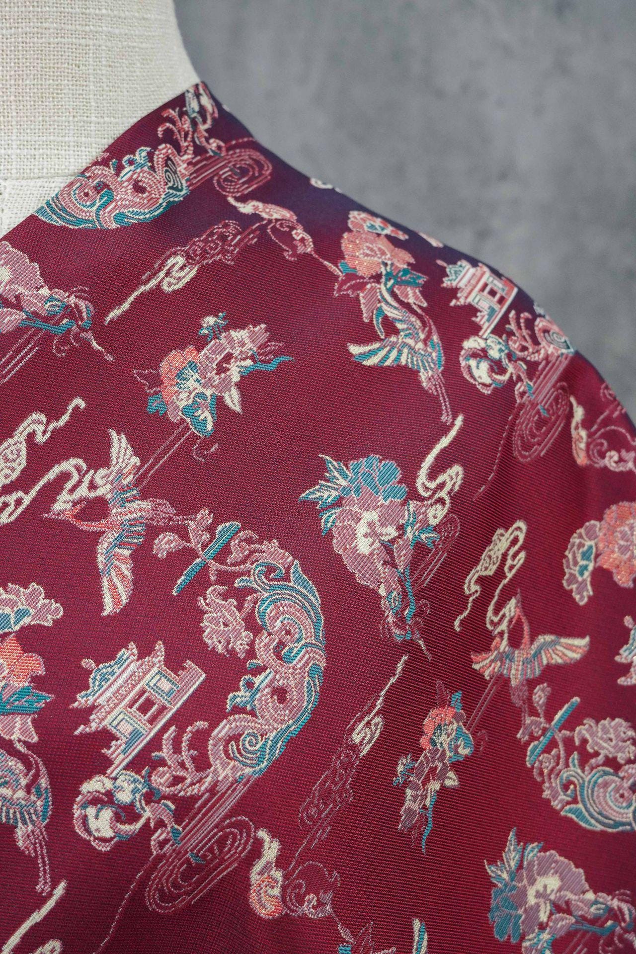 Tissu brocart satin jacquard Song : motif double grue et pivoine