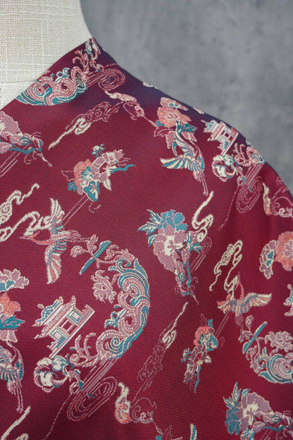 Tissu brocart satin jacquard Song : motif double grue et pivoine