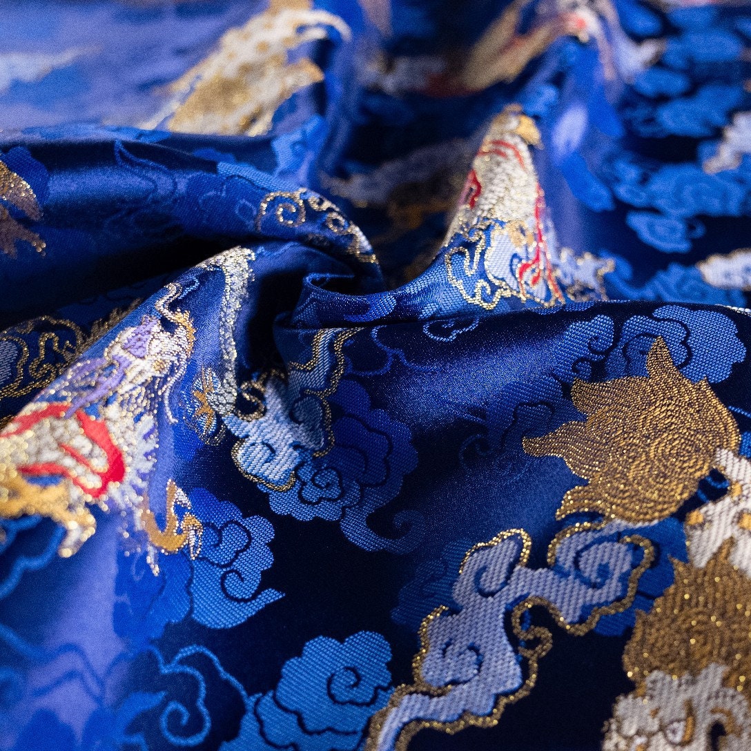 Chinese Dragon & Kirin Brocade Fabric: Blue Rayon, 55" Wide