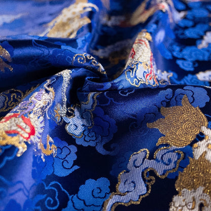 Chinese Dragon & Kirin Brocade Fabric: Blue Rayon, 55" Wide